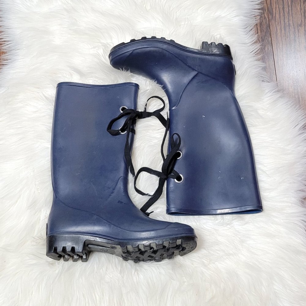 Dav Rubber Rain Boots Navy Blue Waterproof Garden Shoes Laces Womens Size 7